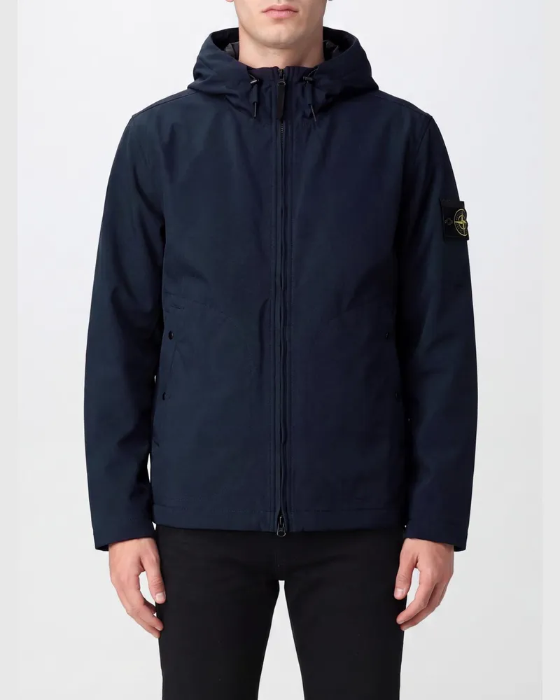 Stone Island Kurze Windjacke aus technischem Gewebe mit Kapuze und Logo-Patch Blau