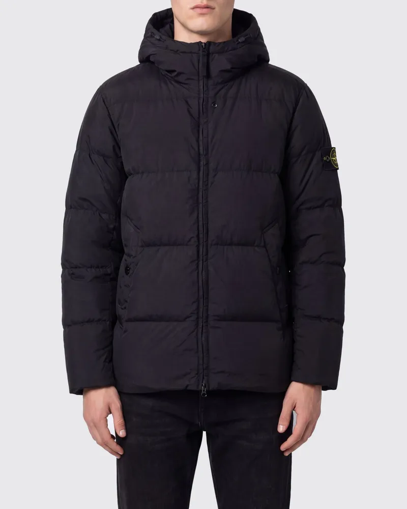 Stone Island wasserdichte Nylon-Daunenjacke mit Kapuze und Compass-Logo Schwarz