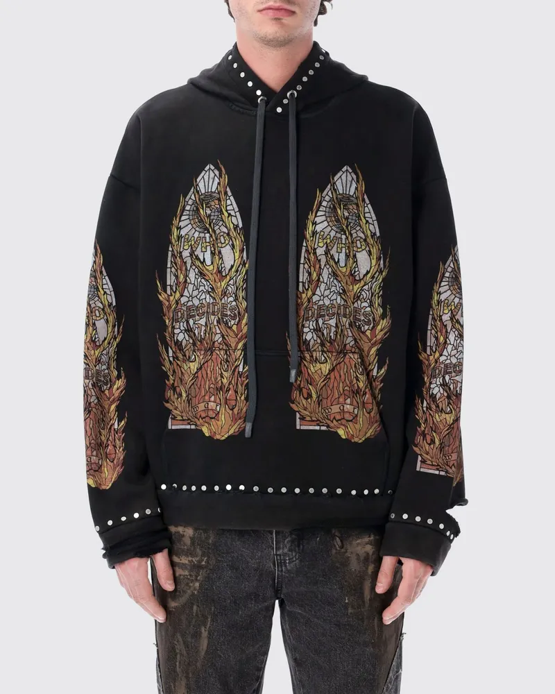 WHO DECIDES WAR Bedruckter Kapuzenpullover aus Baumwolle mit Nieten Schwarz