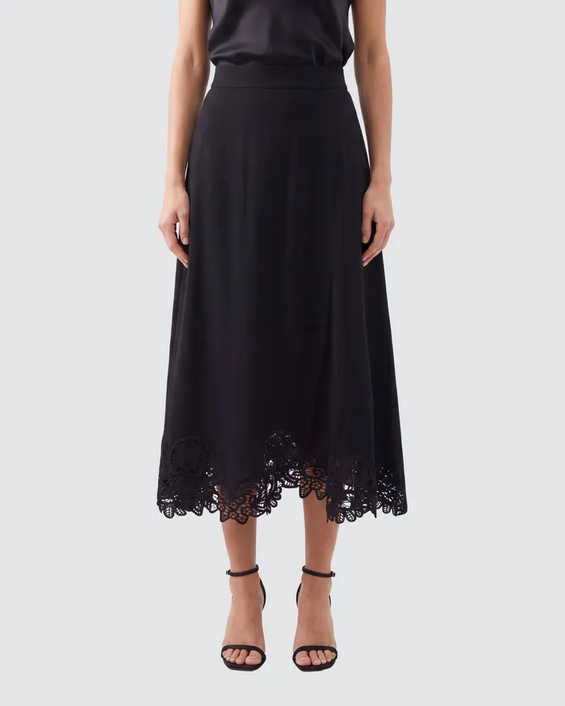 Zimmermann ausgestellter Midi-Rock mit hoher Taille und Spitzeneinsätzen Schwarz
