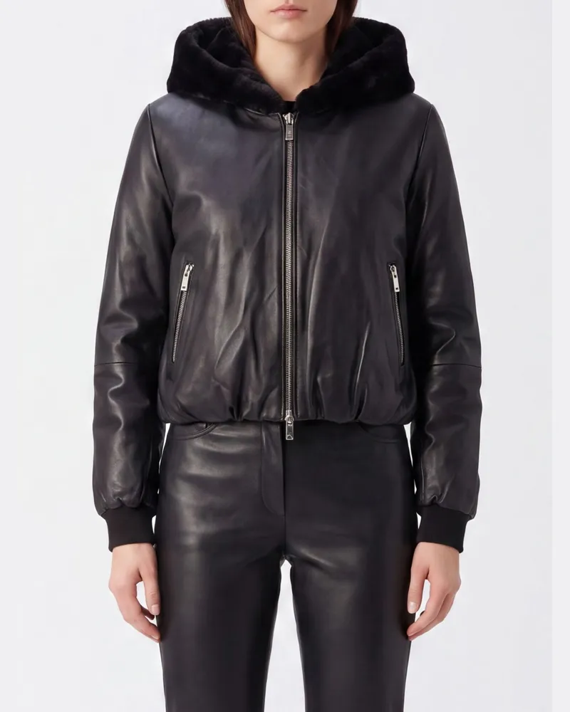 Moose Knuckles Leder-Bomberjacke mit Shearling-Kapuze Schwarz