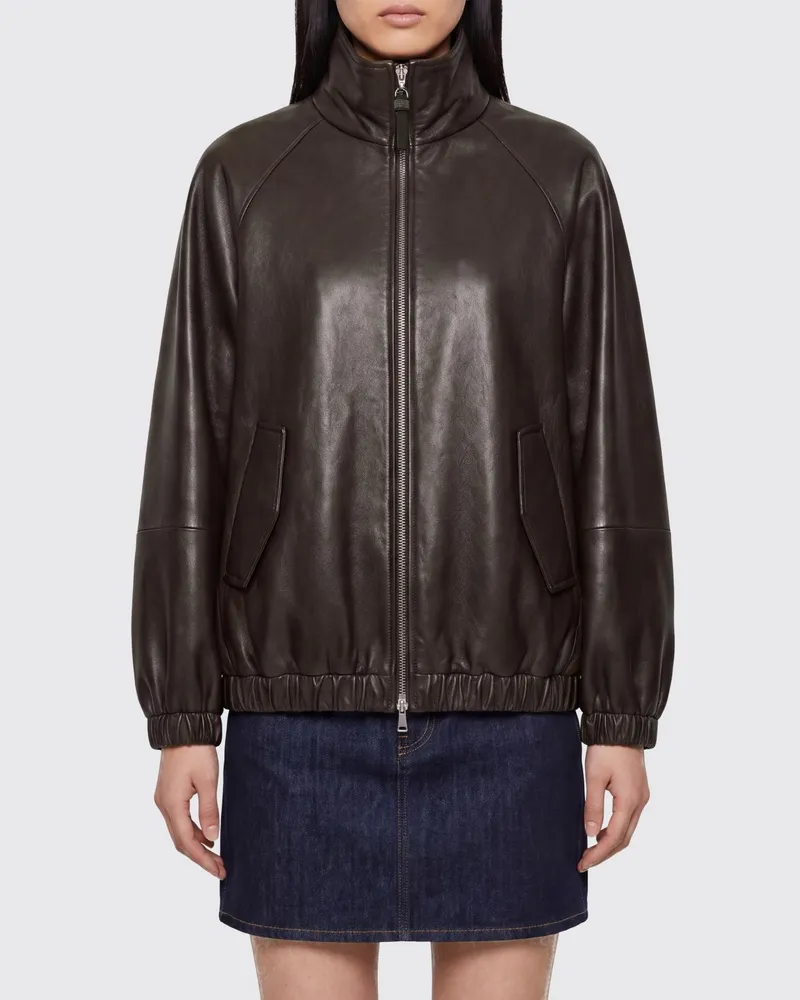 Brunello Cucinelli Bomberjacke in Relaxed Fit von aus Lammleder mit Stehkragen Schwarz