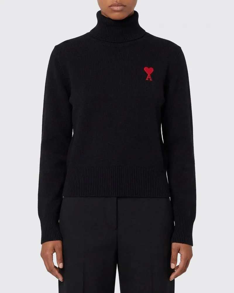AMI Paris Rollkragenpullover aus Merinowolle mit Logo Schwarz