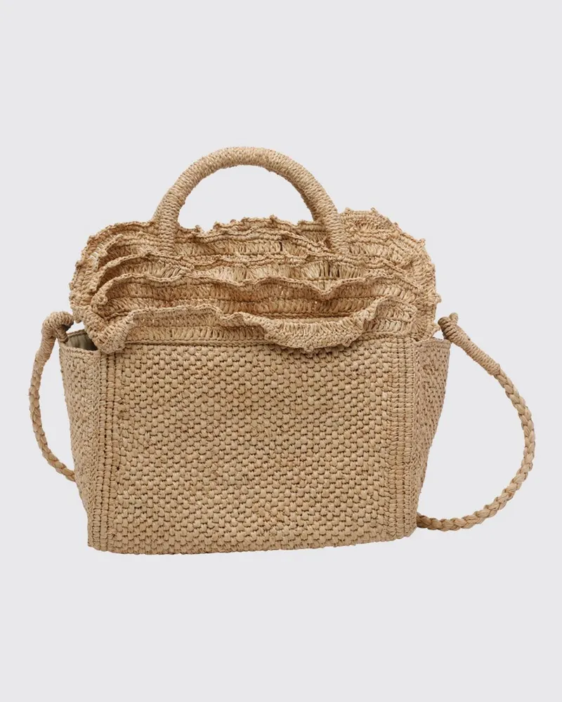 IBELIV Laguna Handtasche aus Bast mit Rüschen und geflochtenem Schulterriemen Beige