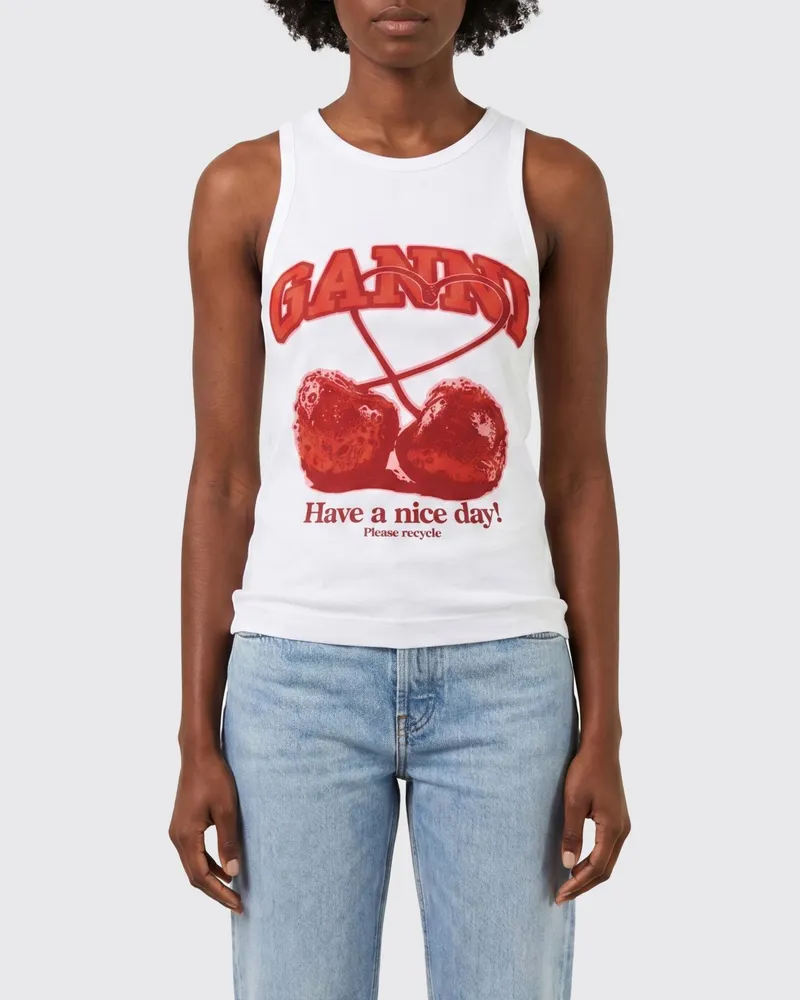Ganni Baumwoll-Tanktop mit Rundhalsausschnitt und kontrastierendem Logo Weiß