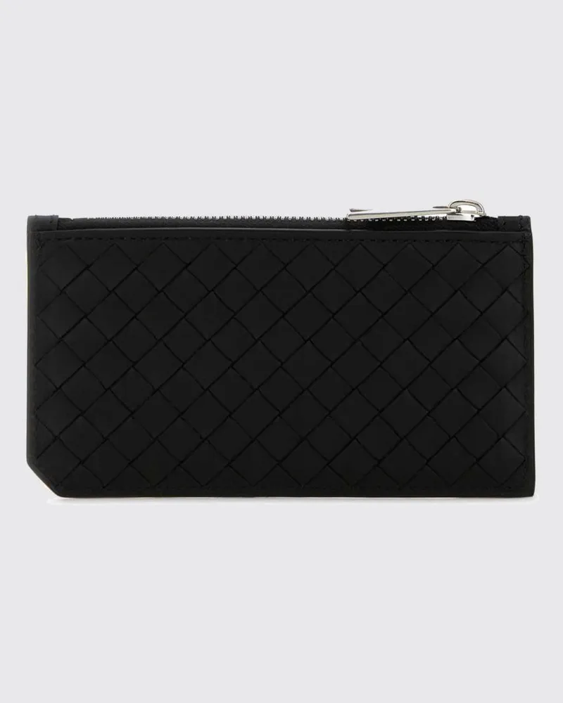 Bottega Veneta Flaches Intrecciato-Kartenetui aus Leder mit Reißverschlusstasche Schwarz