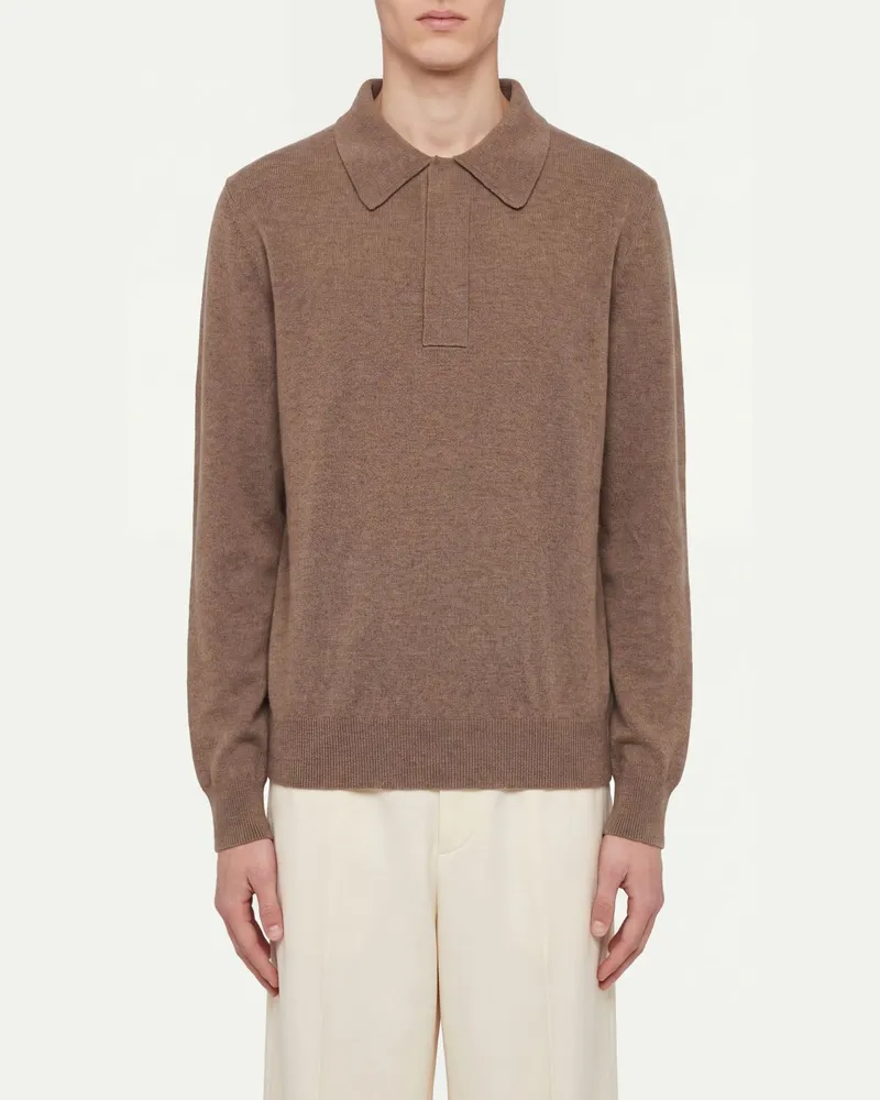 Jil Sander Langärmeliges Strick-Polo aus Wolle mit verdeckter Knopfleiste Beige