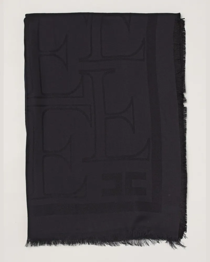 Elisabetta Franchi Schal aus Modal und Viskose mit Jacquard-Logo und Fransen Blau