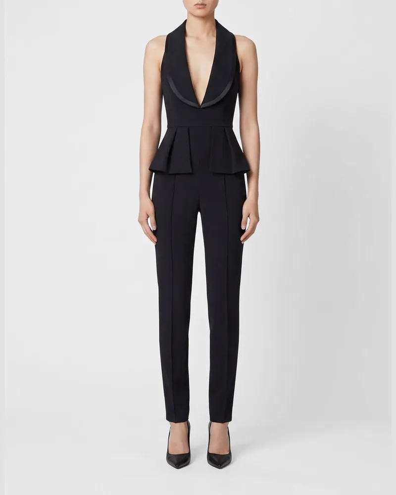 Elisabetta Franchi Langer Slim-Fit-Jumpsuit mit V-Ausschnitt und gerüschter Taille Schwarz