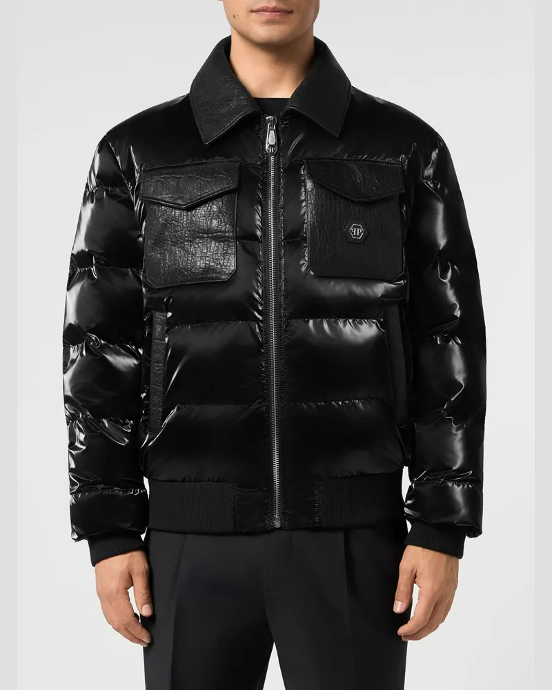 Philipp Plein Gesteppte Daunenjacke mit Lederkragen Schwarz