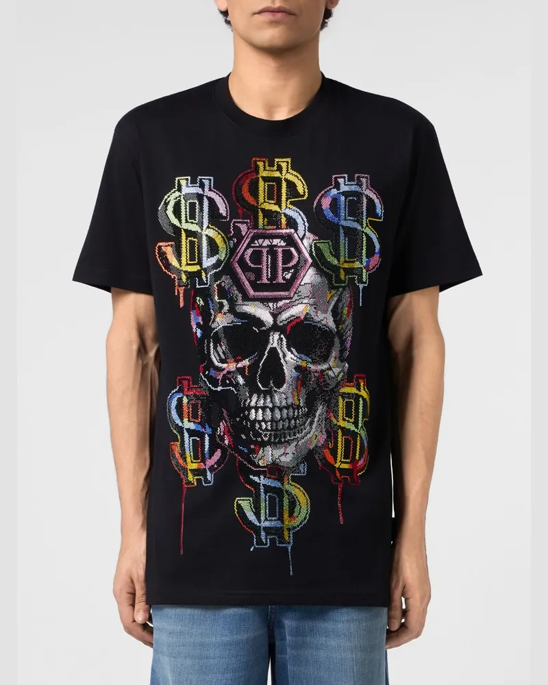 Philipp Plein Baumwoll-T-Shirt mit strassverziertem Totenkopf- und Logo-Print Schwarz