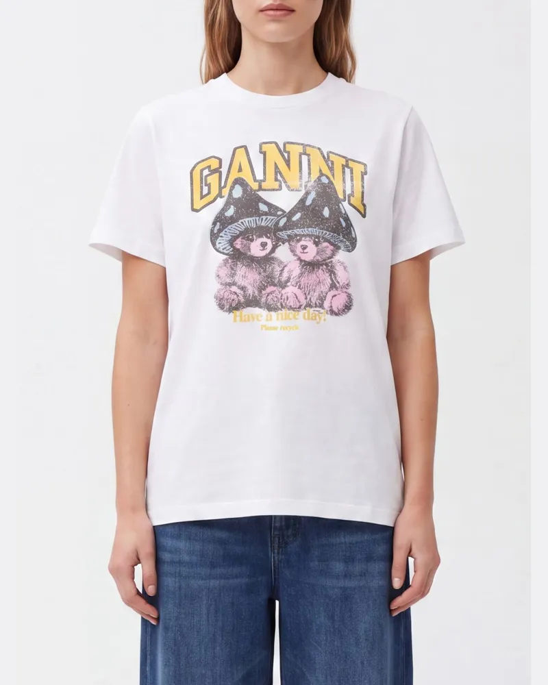 Ganni T-Shirt aus Bio-Baumwolle mit Teddybär-Print und Logo Weiß