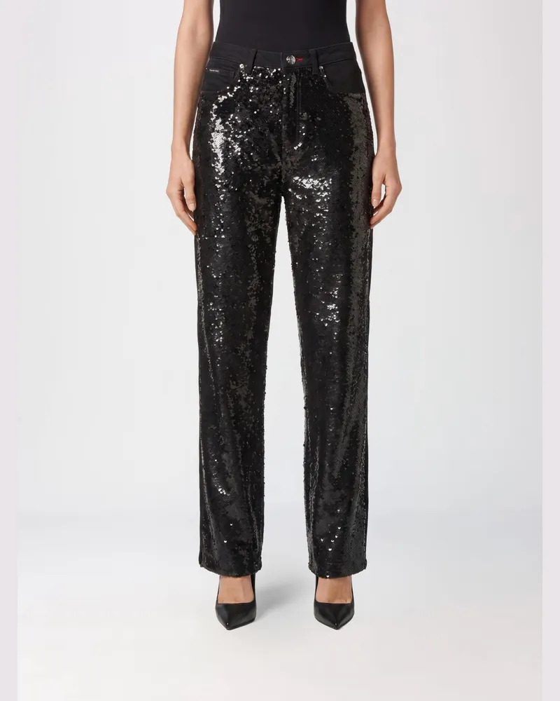 Philipp Plein Straight-Leg-Jeans mit mittlerer Leibhöhe aus Denim mit Paillettenstickerei Schwarz
