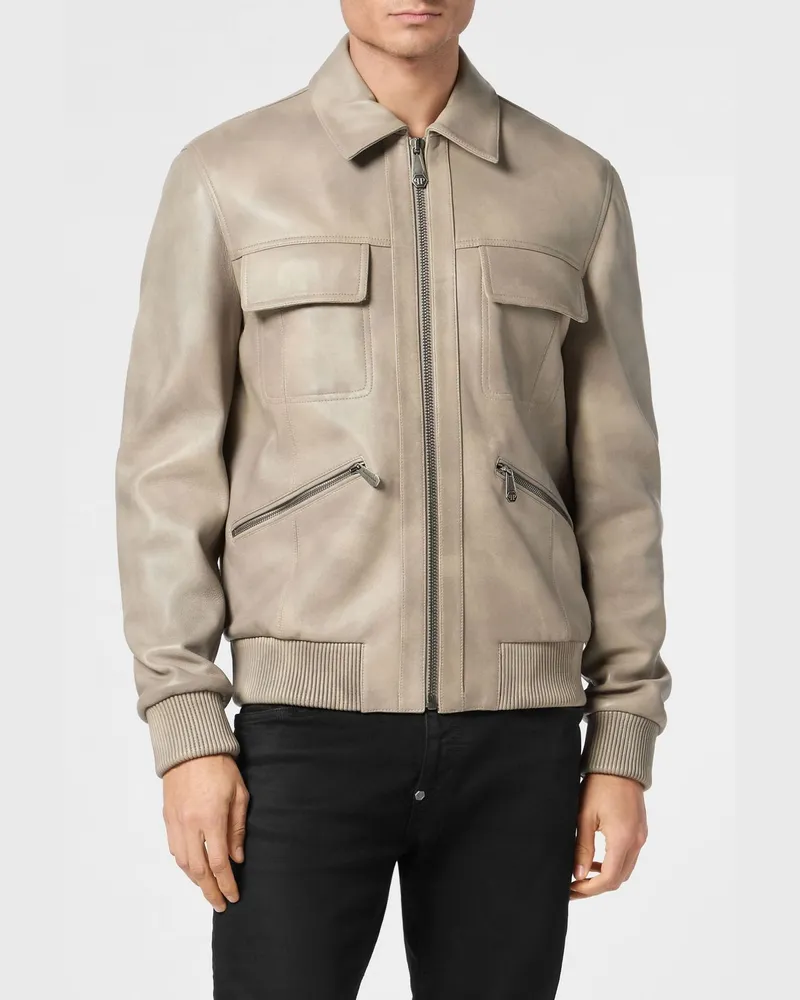 Philipp Plein Leder-Bomberjacke mit klassischem Kragen und aufgesetzten Taschen Beige