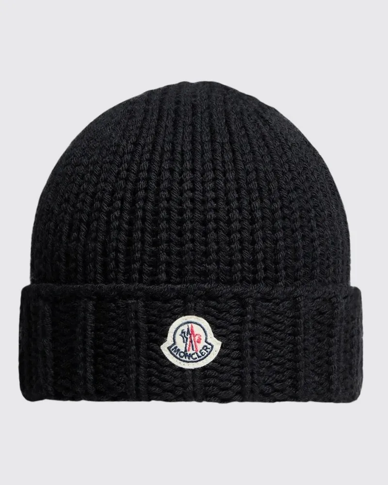 Moncler Beanie aus Schurwolle für Jungen mit Logo-Patch und Umschlag Schwarz