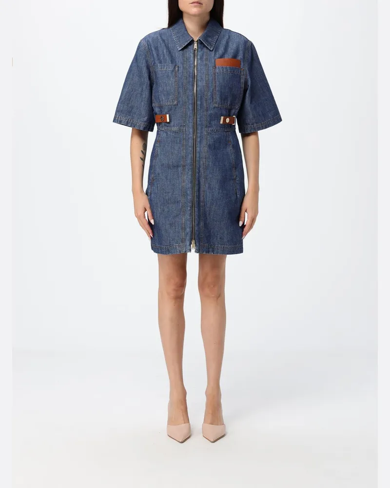Fendi Slim Fit Mini-Hemdblusenkleid von aus Baumwolldenim mit Reißverschluss Blau