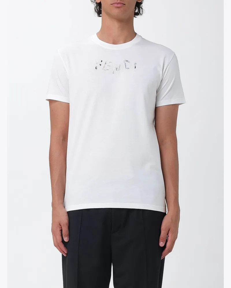 Fendi Slim Fit T-Shirt aus Baumwolle mit kontrastierendem gesticktem Logo Weiß