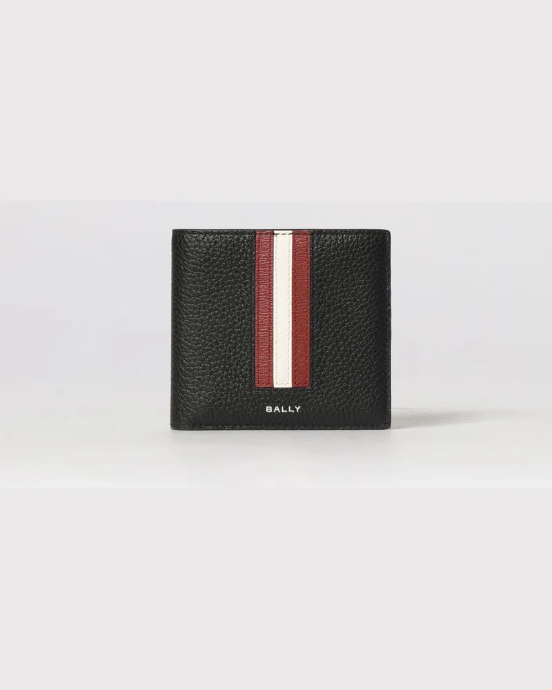 Bally Bifold-Brieftasche aus genarbtem Kalbsleder mit ikonischen zweifarbigen Streifen Schwarz