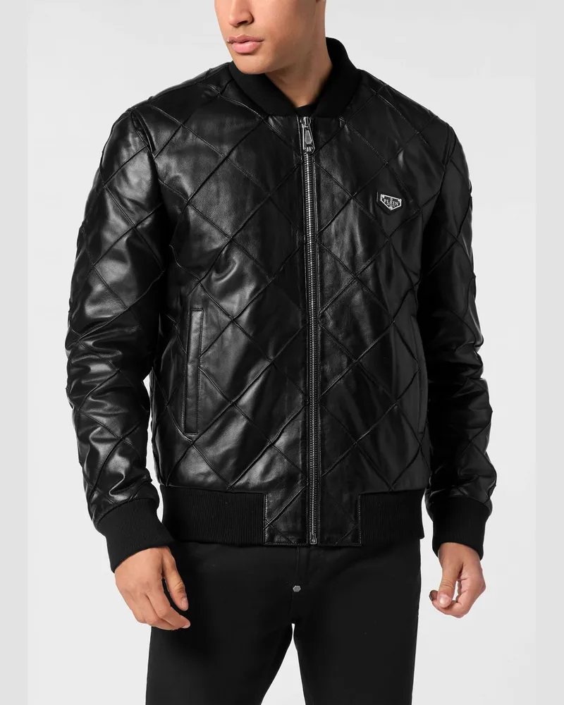 Philipp Plein Gesteppte Leder-Bomberjacke mit Reißverschluss und appliziertem Logo Schwarz