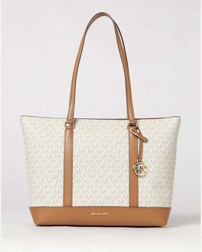 Michael Kors Tasche aus genarbtem beschichtetem Baumwollstoff mit MK-Monogramm-Print Beige