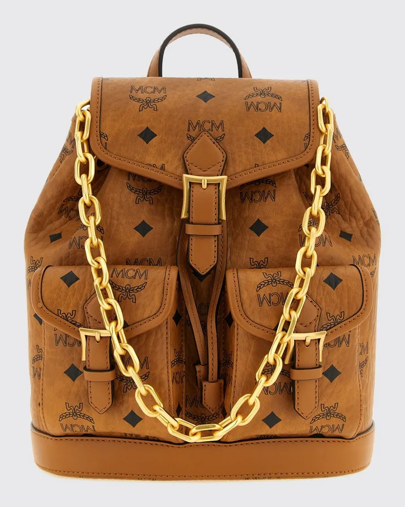 MCM Rucksack aus beschichteter Baumwolle mit Logo-Print, Klappe und Kordelzug Braun