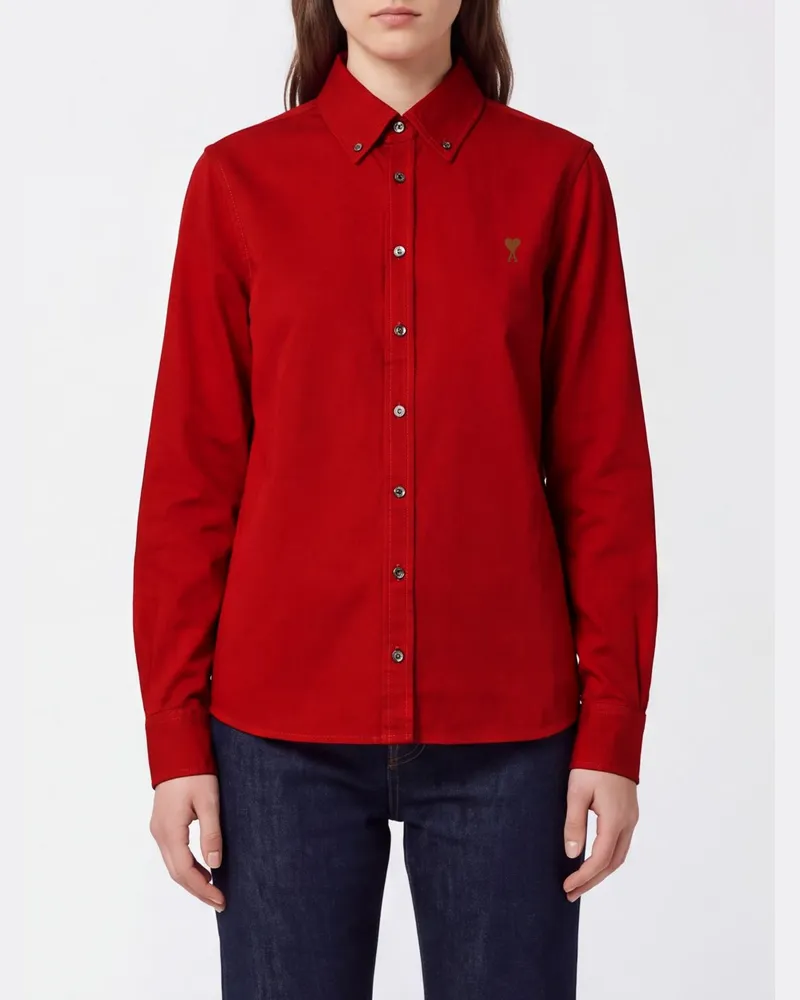 AMI Paris Baumwollhemd mit Button-Down-Kragen und gesticktem Logo Rot