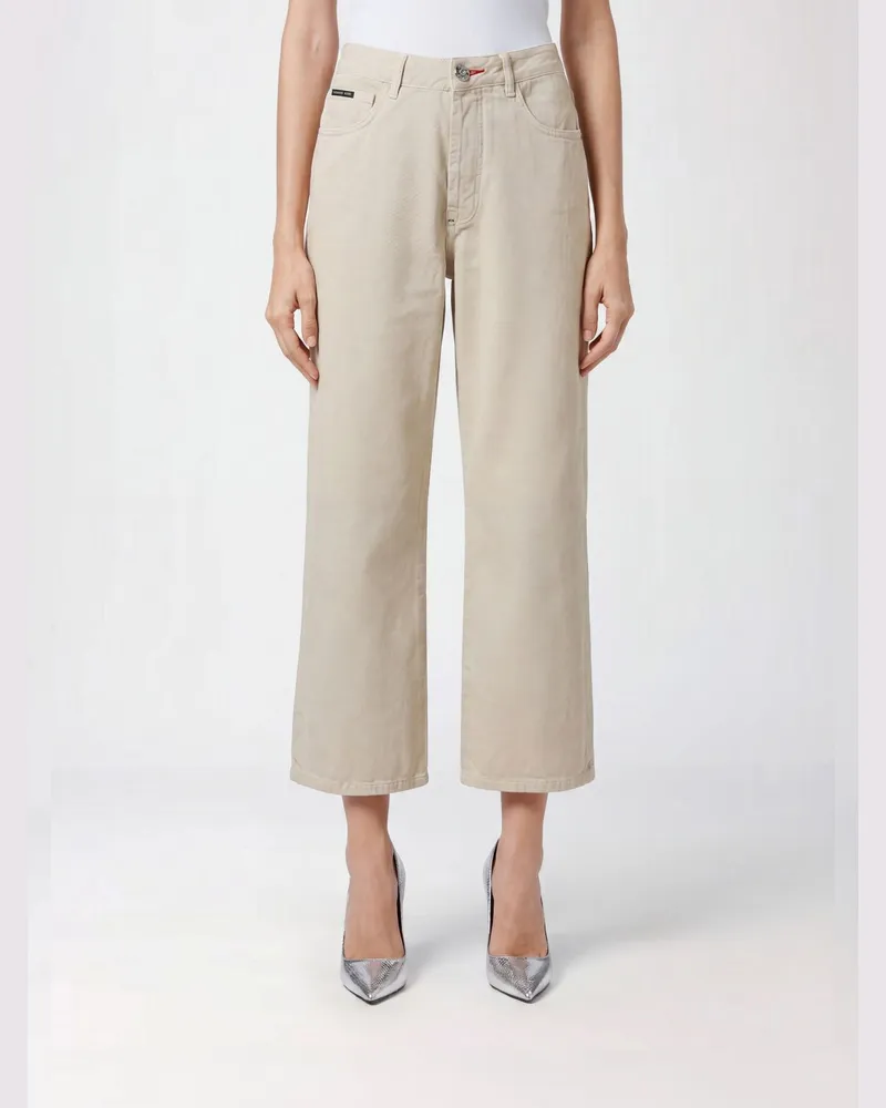 Philipp Plein High-Waist Cropped-Jeans aus Stretch-Denim mit weitem Bein Beige