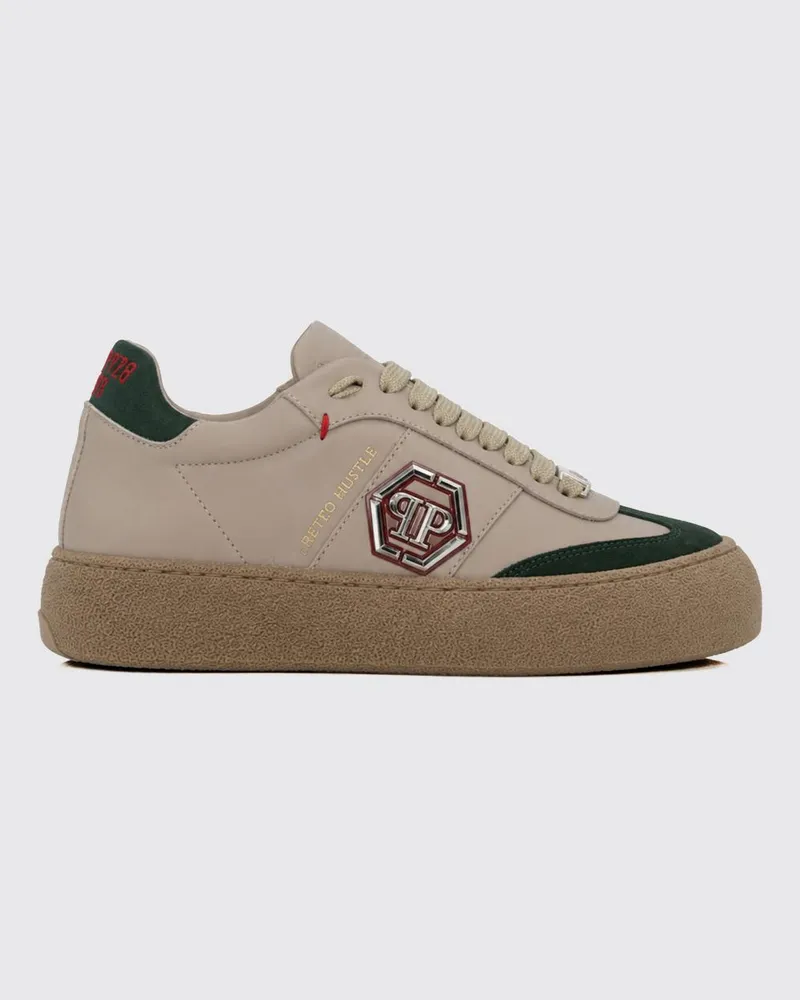 Philipp Plein Niedrige Sneaker Retro Hustle aus Monogramm-Leder mit Plateausohle Beige