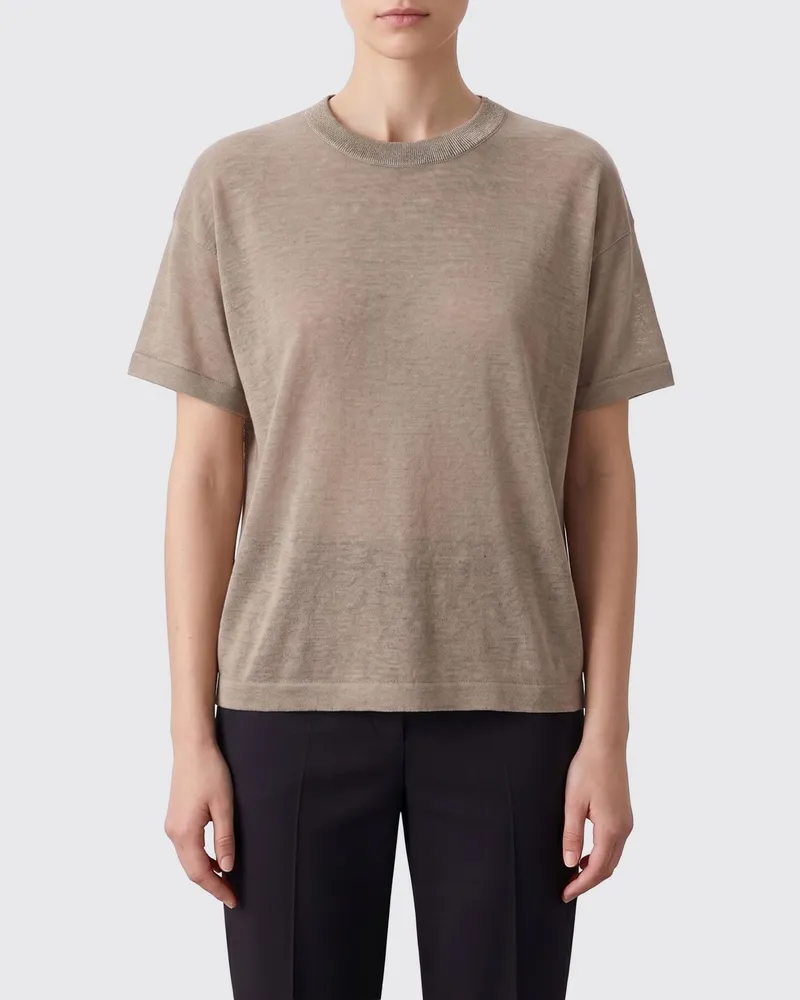 Brunello Cucinelli T-Shirt aus Leinenmischung mit Rundhalsausschnitt und überschnittenen Schultern Beige