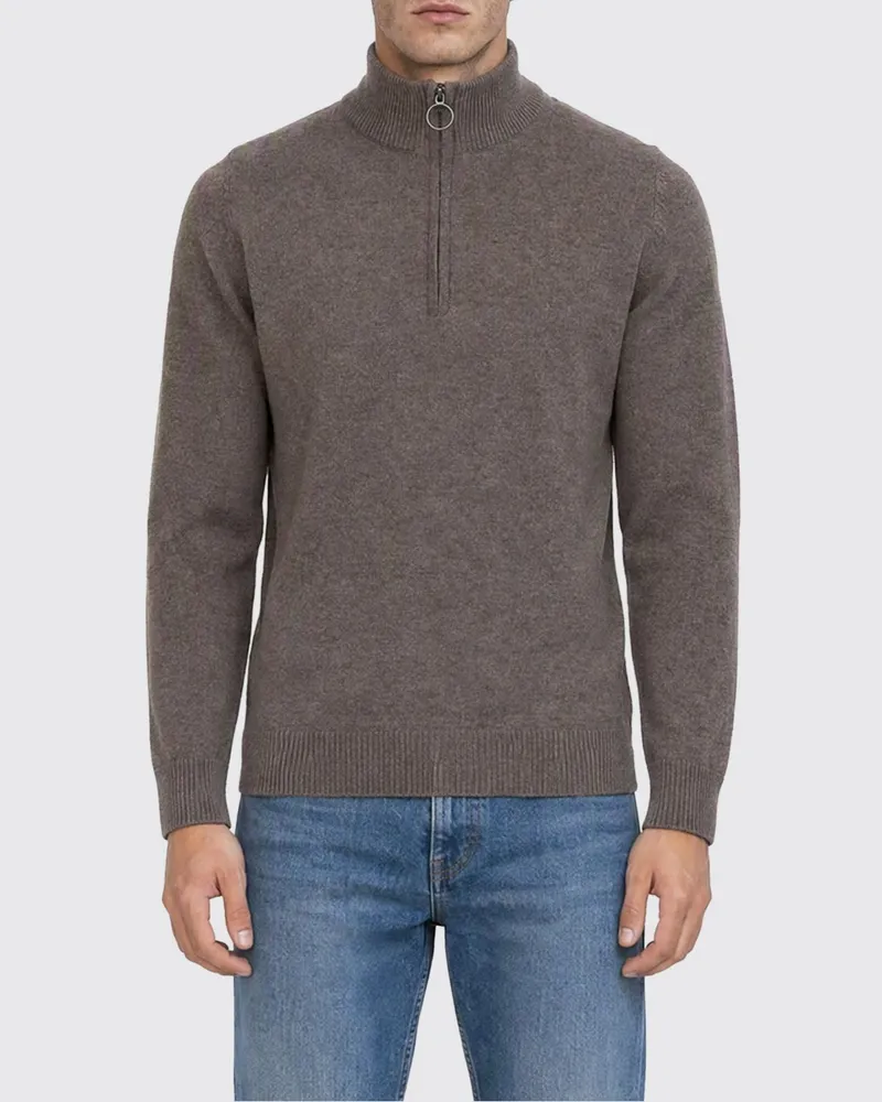 Barbour Pullover aus 100% Wolle mit Stehkragen, halbem Reißverschluss und applizierten Aufnähern Military