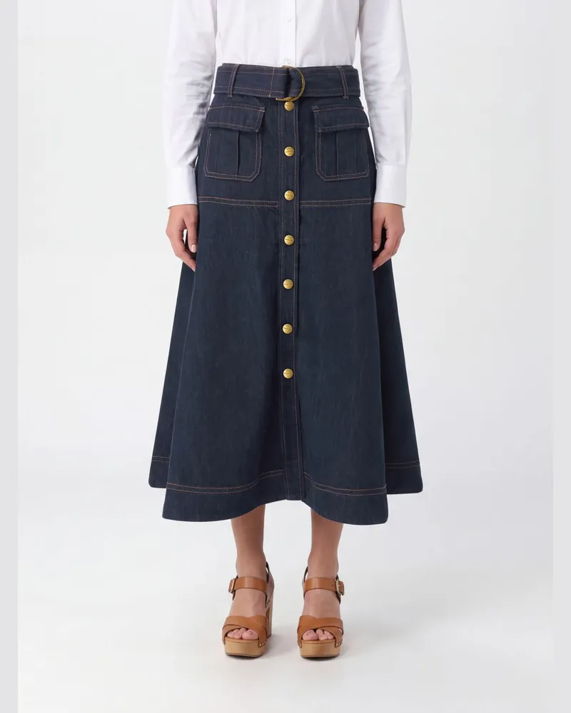 Zimmermann A-Linien-Denim-Midirock Harbour mit verstellbarem Gürtel Blau