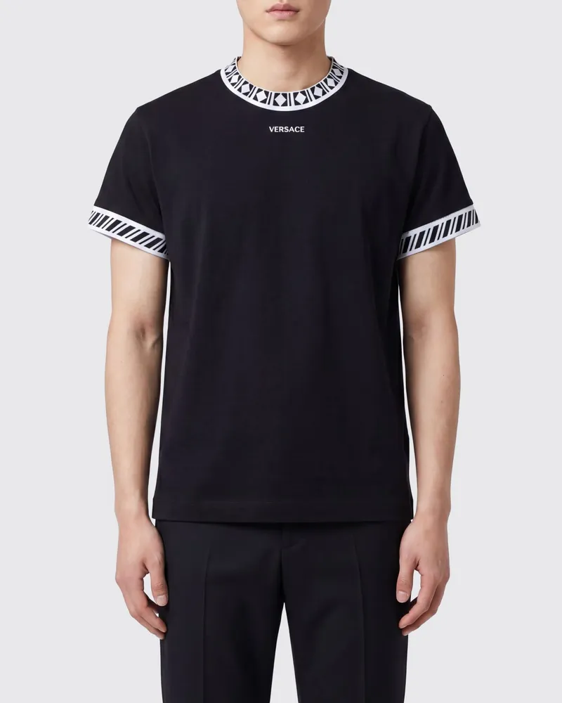 Versace Baumwoll-T-Shirt mit Logo und Kontrastbesätzen Schwarz