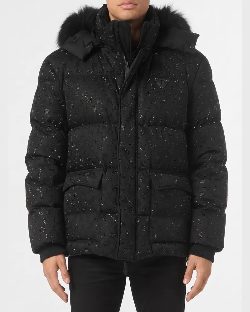 Philipp Plein Monogramm Daunenjacke mit Strasssteinen Schwarz