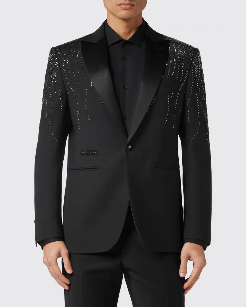 Philipp Plein Einreihiger Crêpe-Blazer von mit steigendem Revers und Strass-Stickerei Schwarz