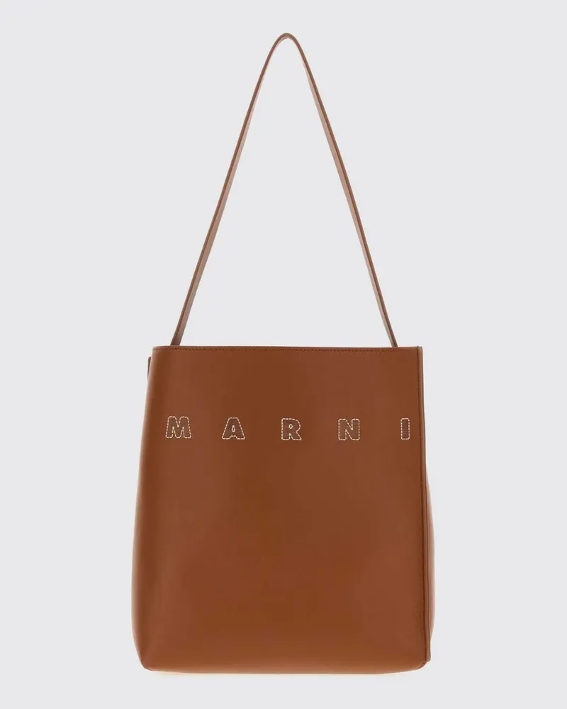 Marni Schultertasche aus Rindsleder mit kontrastierendem Schriftzug-Logo Kaffee