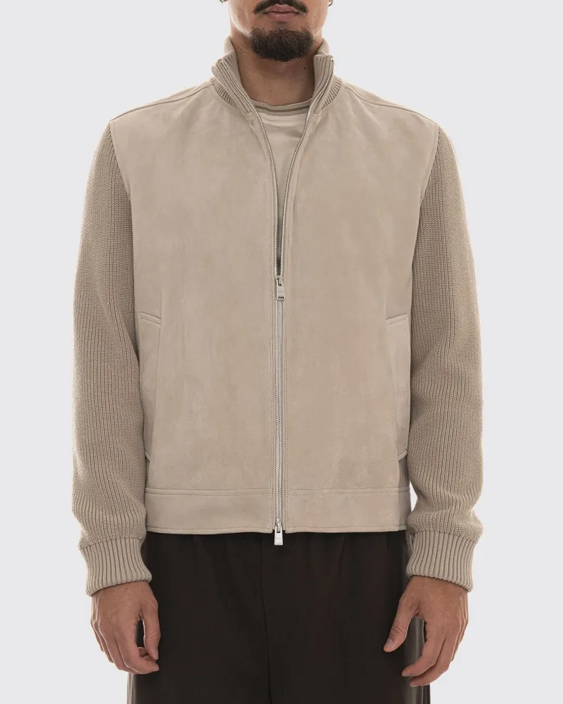 HUGO BOSS Wildlederjacke mit Stehkragen, Reißverschluss und Rippbündchen Weiß