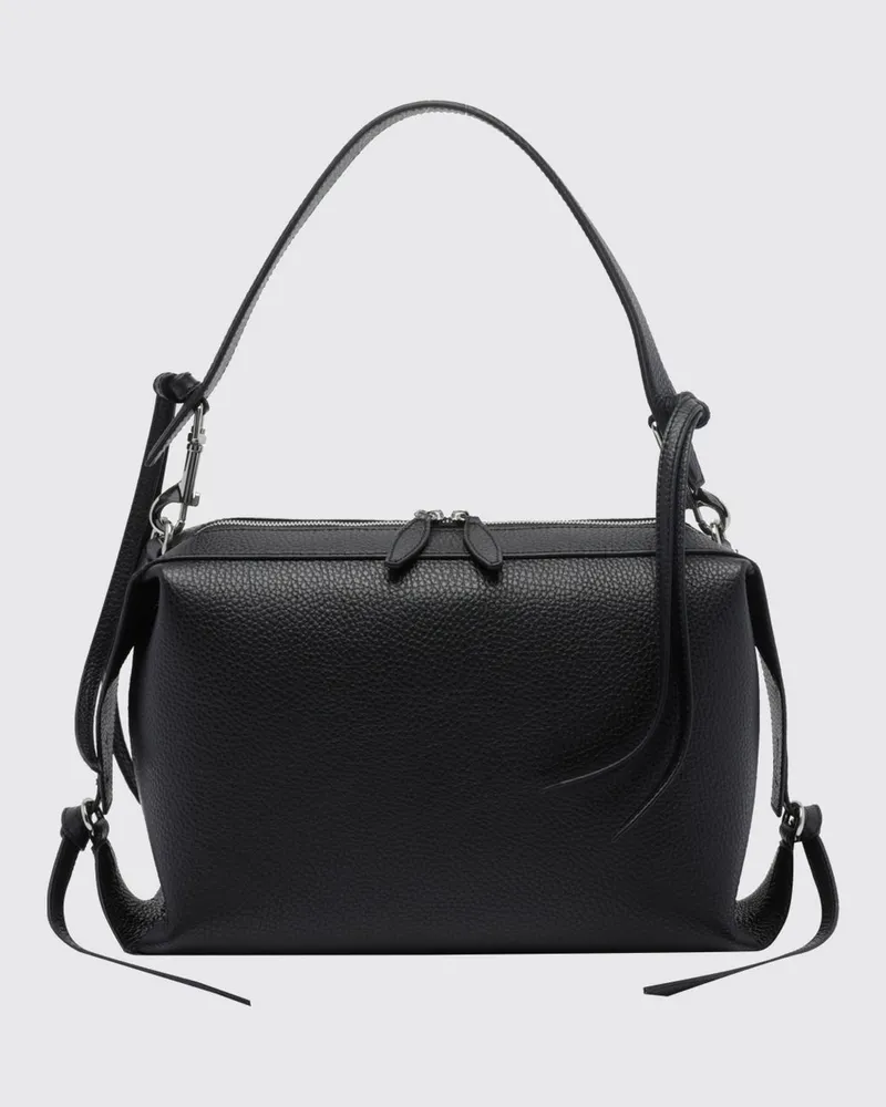YUZEFI Bento Schultertasche aus genarbtem Kalbsleder mit Riemen Schwarz
