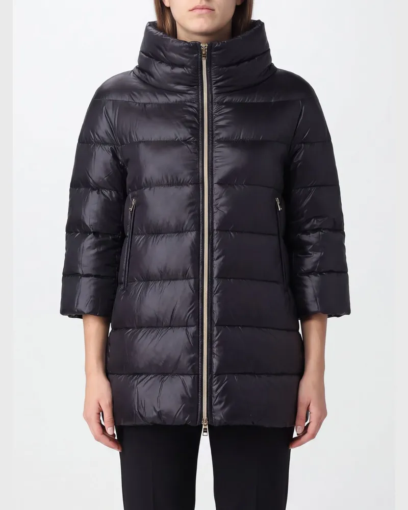 Herno Langer Daunenmantel aus gestepptem Nylon mit Trichterkragen und Reißverschluss Schwarz