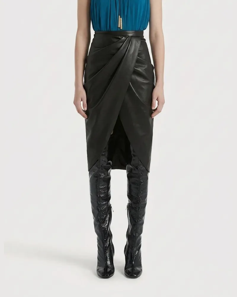 Balmain Drapierter asymmetrischer Midi-Rock aus Lammleder Schwarz