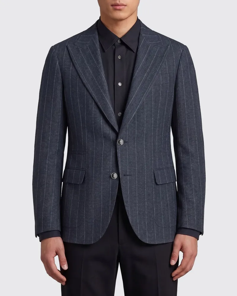 Brunello Cucinelli Einreihiger Nadelstreifen-Blazer aus Hanf-Seiden-Mischung Blau