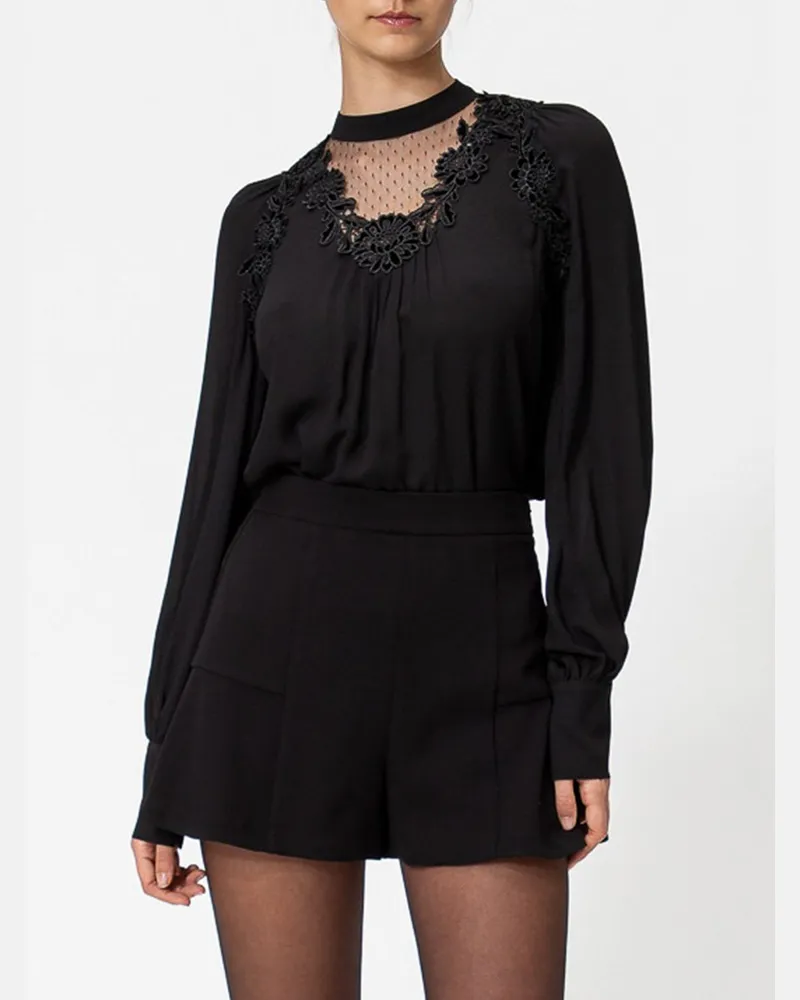 Twin-Set Langärmlige Viskosebluse mit Spitzeneinsätzen Schwarz