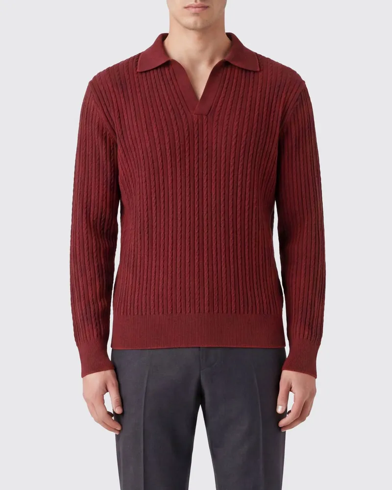 Ferragamo Langärmeliges Slim-Fit-Poloshirt aus Baumwoll- und Seidenstrick Rot