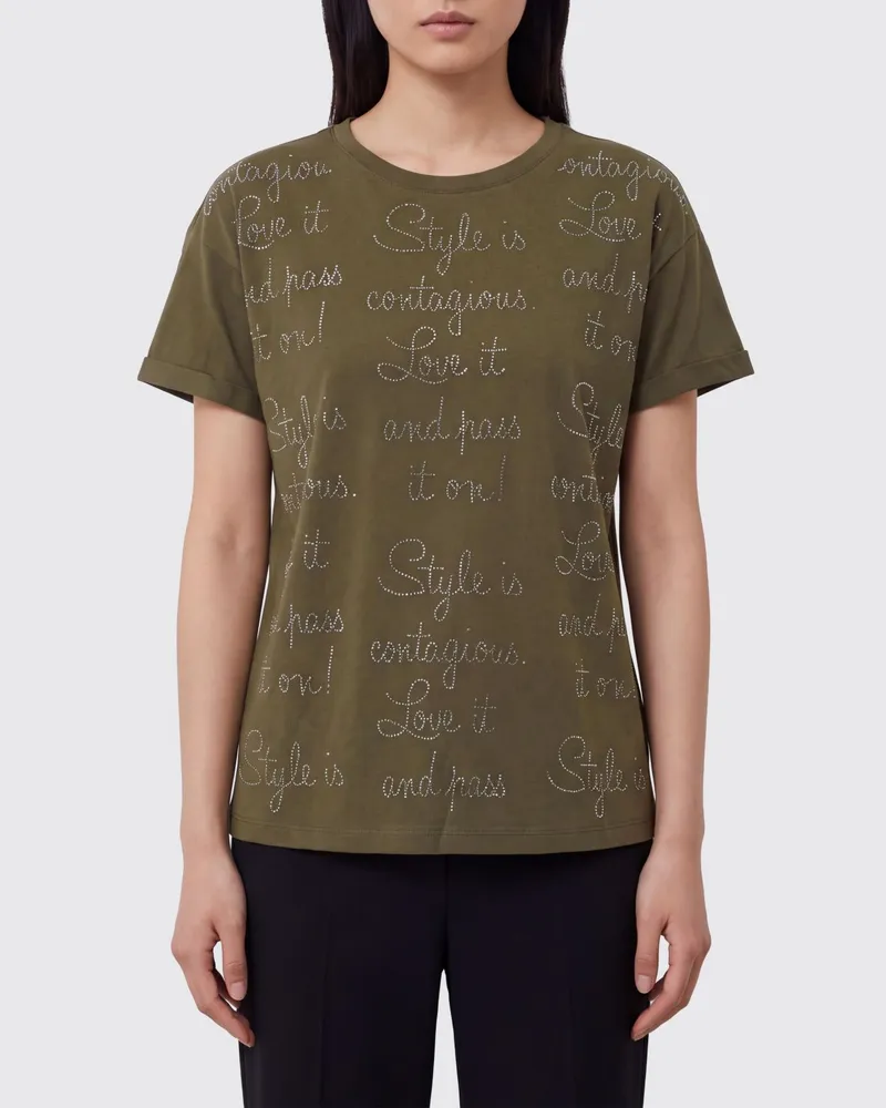 Liu Jo Baumwoll-T-Shirt mit Strass-Logo und Slogan Grün