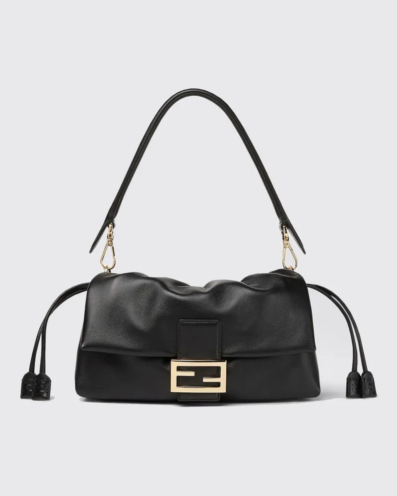 Fendi Mittlere Baguette Schultertasche von aus Lamm-Nappaleder mit Kordelzug Schwarz