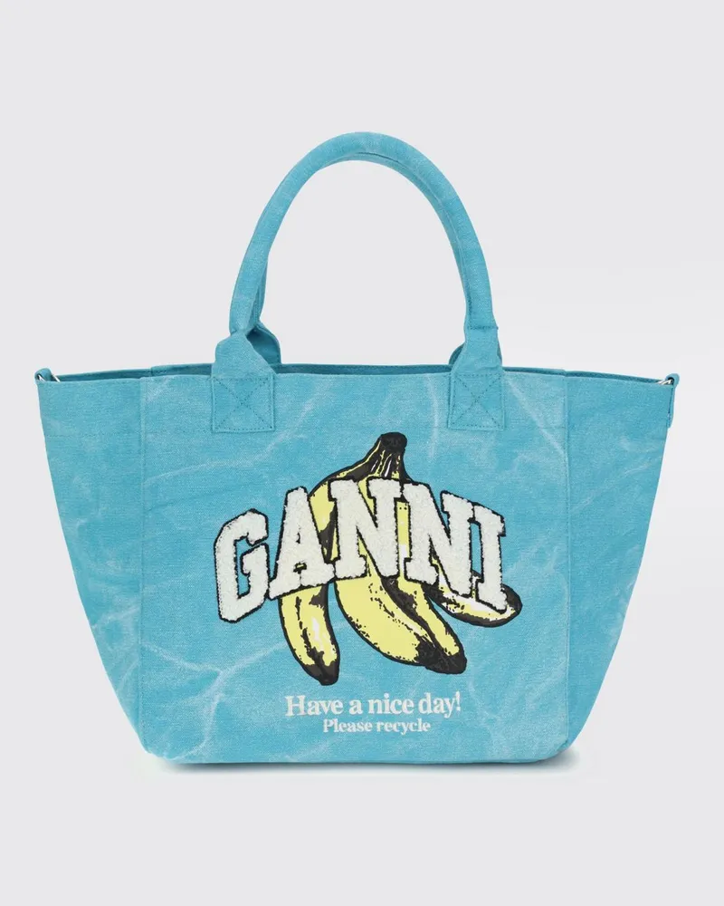 Ganni Tote-Tasche aus recycelter Baumwolle mit Fruchtdruck und gesticktem Logo Blau