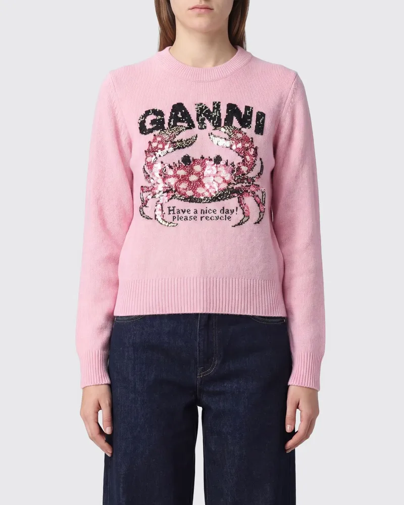 Ganni Rundhalspullover aus recycelter Wollmischung mit Grafikdruck und Logo Pink
