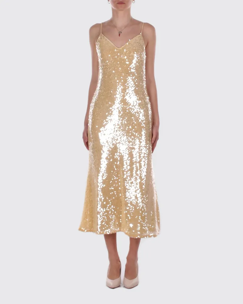 Ralph Lauren Figurbetontes Midi-Abendkleid aus Pailletten mit V-Ausschnitt und Trägern Gelb
