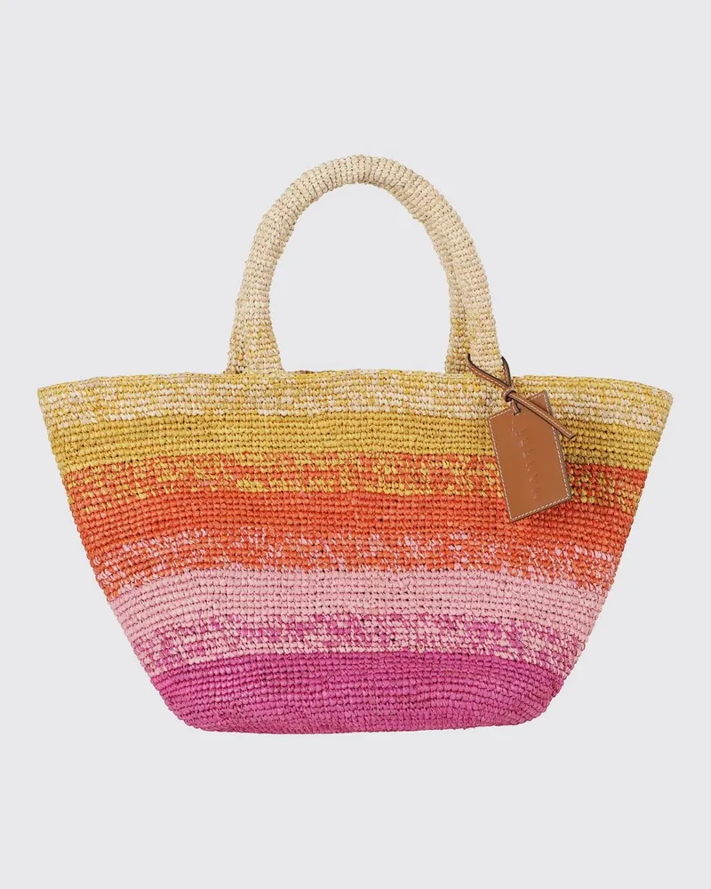 Manebí Handtasche von aus Raffia mit bunten Streifen und Logo-Anhänger Orange