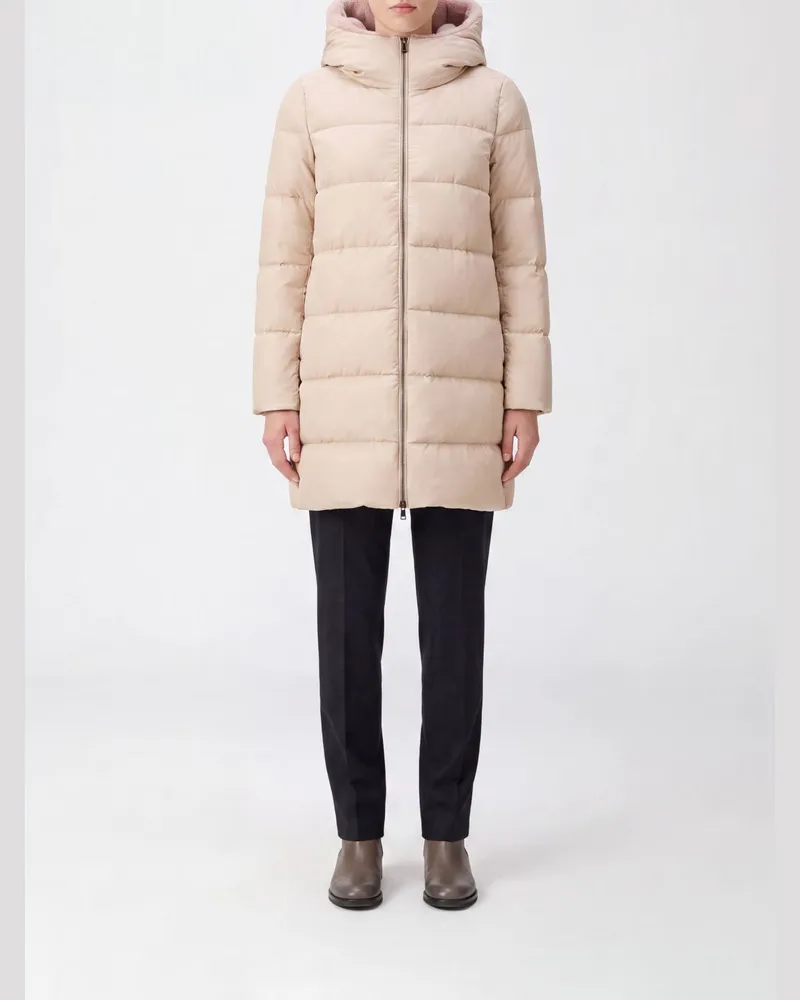 Herno Gesteppte knielange Daunenjacke aus Nylon mit Kapuze Beige
