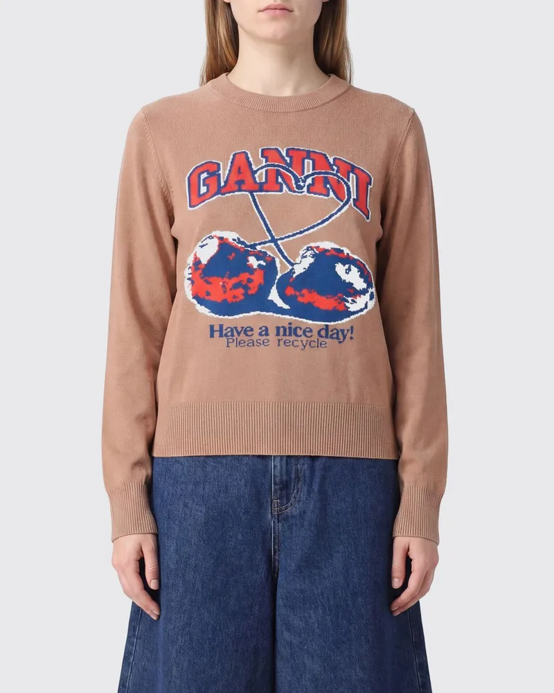 Ganni Baumwollpullover mit kontrastierendem Jacquard-Logo Camel